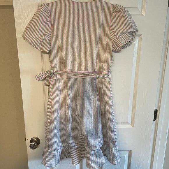 DRAPER JAMES RSVP Puff Sleeve Wrap Dress Ruffled Seersucker Striped Sz medium - Picture 11 of 16